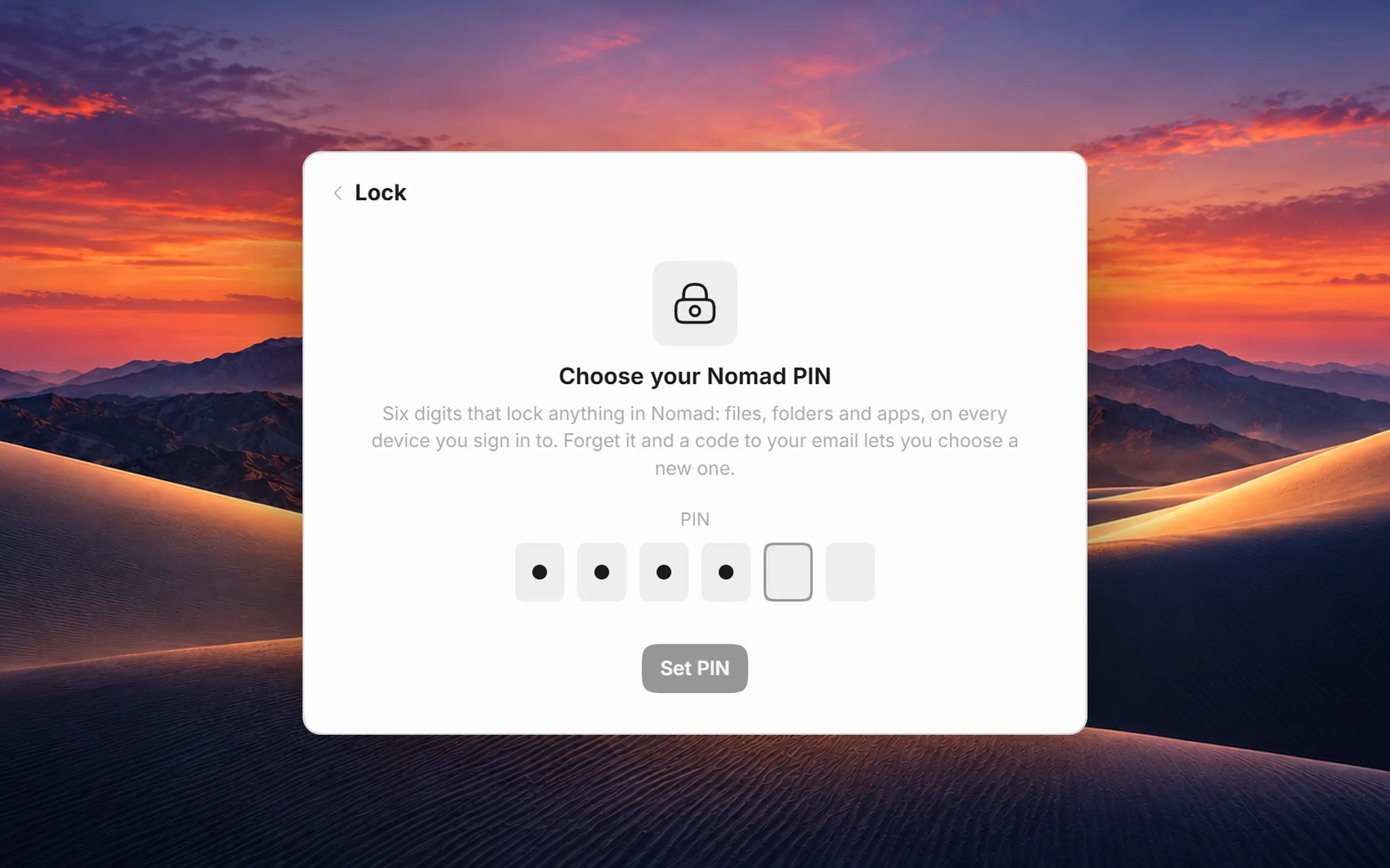 Choosing your Nomad PIN: six boxes, four digits typed, and Set PIN.